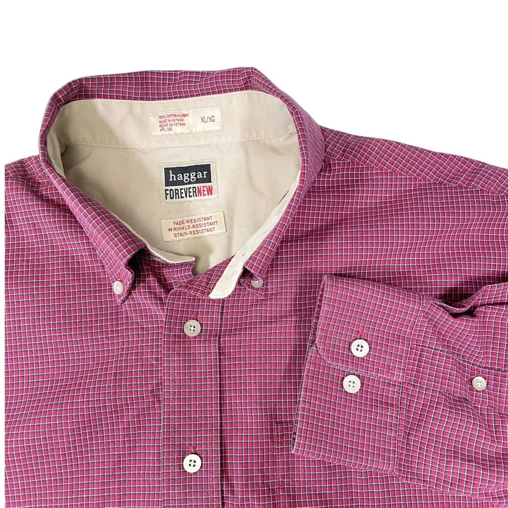 Haggar XLG Burgundy Button Down Shirt Micro Grid ForeverNew Business Casual